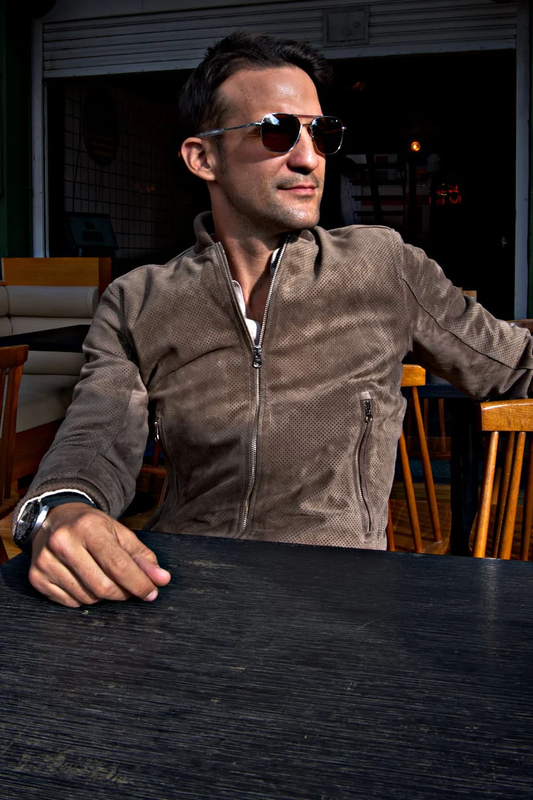 grand prix bomber jacket in perforated suede taupee grand prix bomber jacket in perforated suede taupee