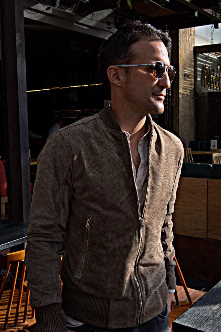 grand prix bomber jacket in perforated suede taupee grand prix bomber jacket in perforated suede taupee