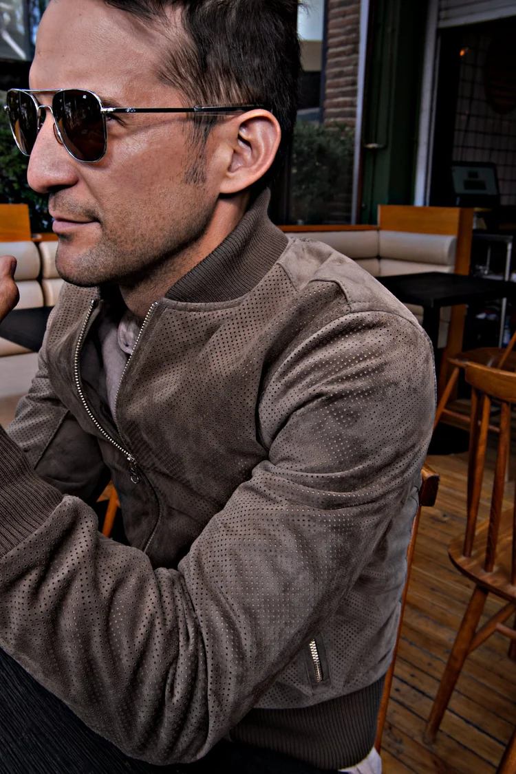grand prix bomber jacket in perforated suede taupee grand prix bomber jacket in perforated suede taupee