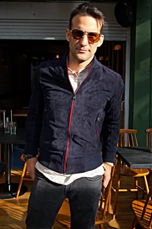 grand prix bomber jacket perforated suede deep blue & red