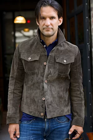 martin leather jacket gray suede trucker