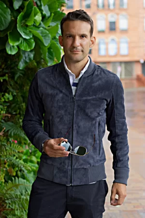 grand prix bomber jacket perforated suede gray