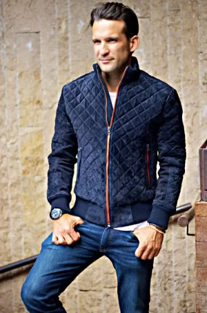 st. petersburg bomber jacket in navy blue suede