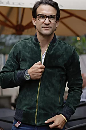 grand prix bomber jacket in perforated suede dark green