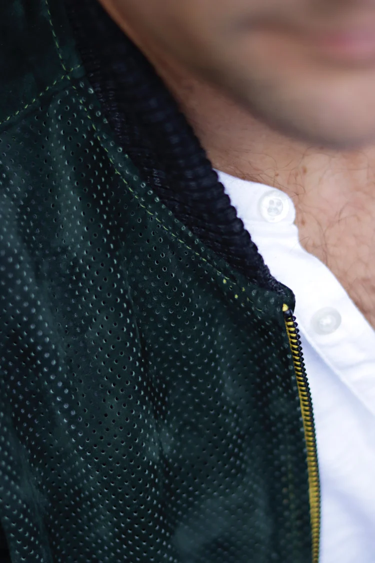 grand prix bomber jacket in perforated suede dark green grand prix bomber jacket in perforated suede dark green