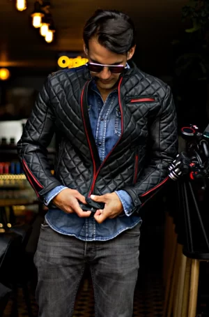 panamerica leather jacket quilted, in calfskin black & black zips / red
