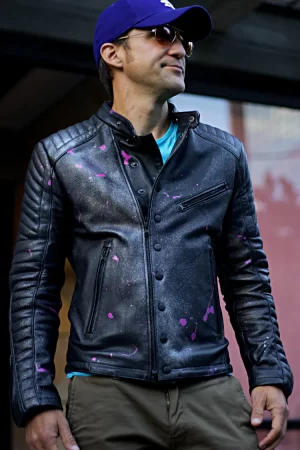 lotus la. leather jacket cafe racer hand painted black & black limited edition