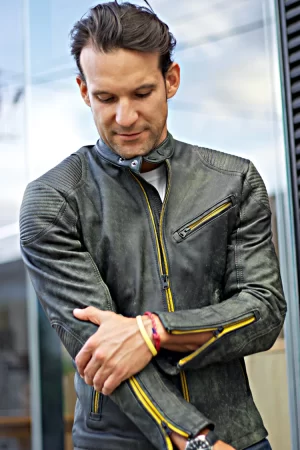 fallout leather jacket distressed green cafe racer