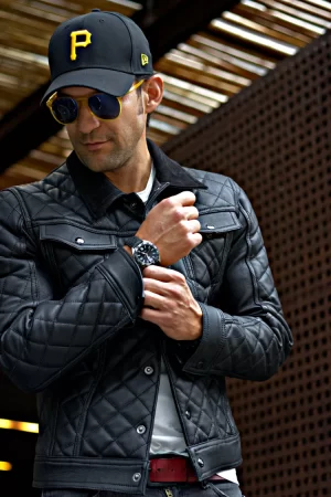 tennessee ax fancy trucker jacket in black quilted leather black collar