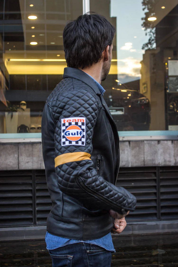 rebel cafe leather jacket black quilted gold stripes & gulf ed. rebel cafe leather jacket black quilted gold stripes & gulf ed.