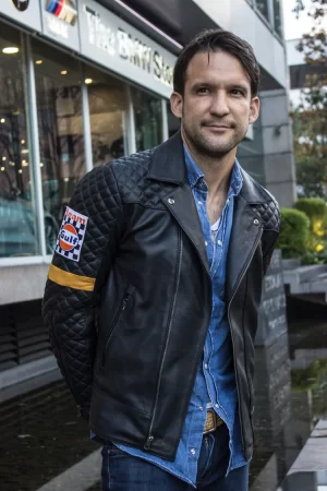 rebel cafe leather jacket black quilted gold stripes & gulf ed.