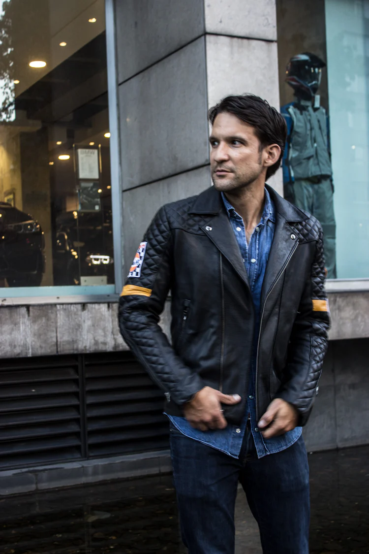 rebel cafe leather jacket black quilted gold stripes & gulf ed. rebel cafe leather jacket black quilted gold stripes & gulf ed.