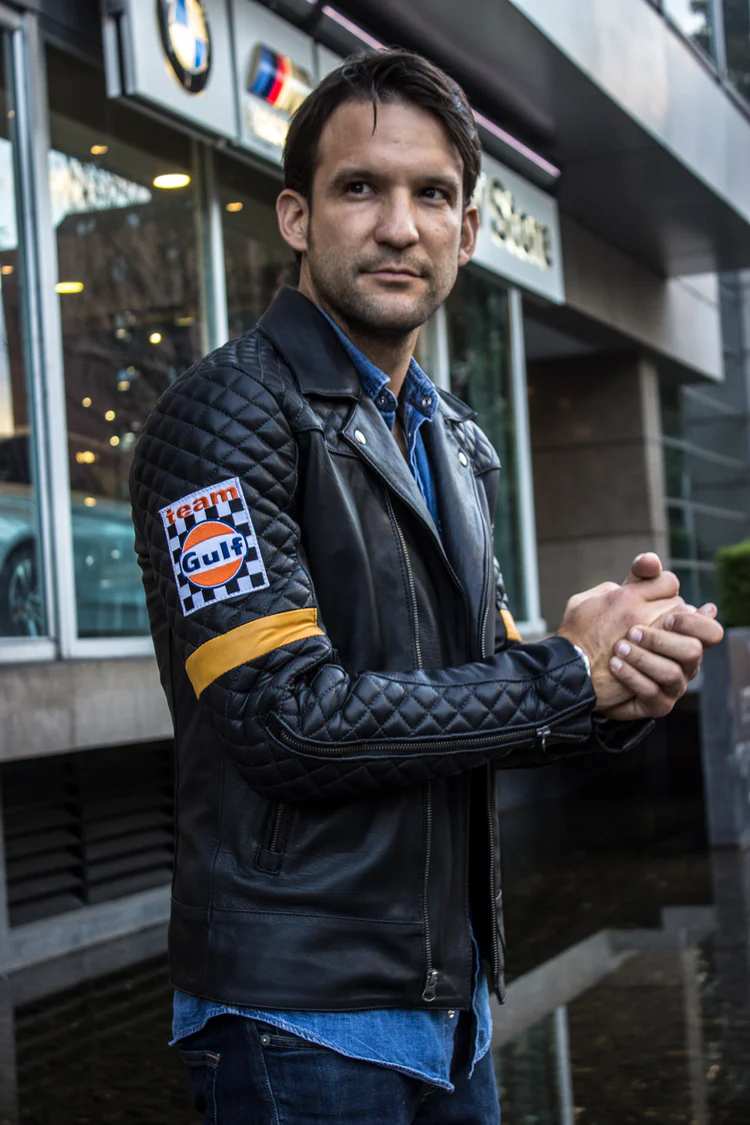 rebel cafe leather jacket black quilted gold stripes & gulf ed. rebel cafe leather jacket black quilted gold stripes & gulf ed.