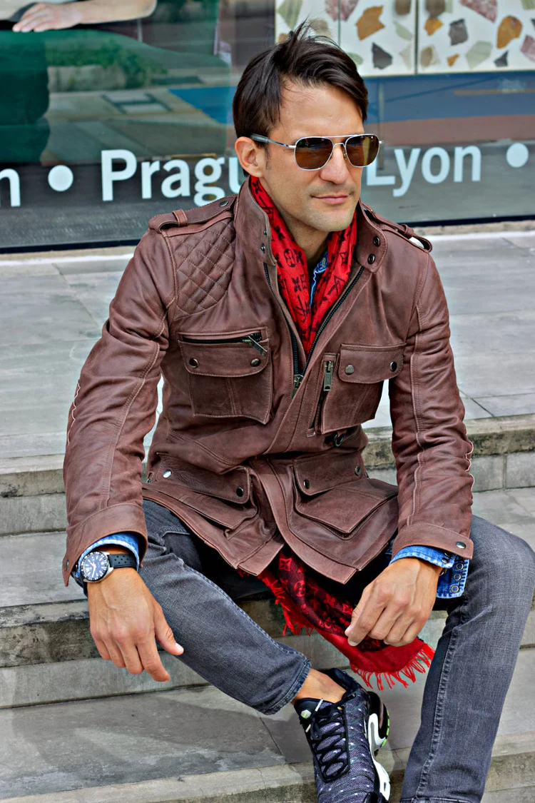 field fr leather jacket rugged napa washed brown / contrasted mid length field fr leather jacket rugged napa washed brown / contrasted mid length