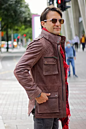 field fr leather jacket rugged napa washed brown / contrasted mid length