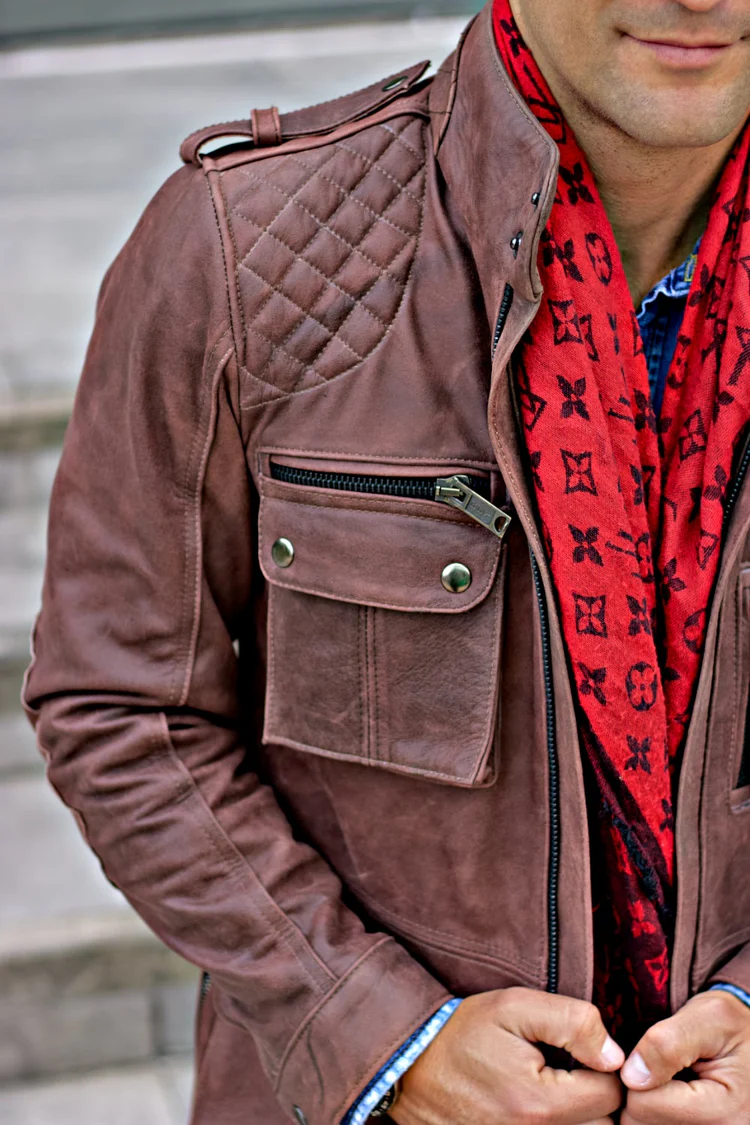 field fr leather jacket rugged napa washed brown / contrasted mid length field fr leather jacket rugged napa washed brown / contrasted mid length