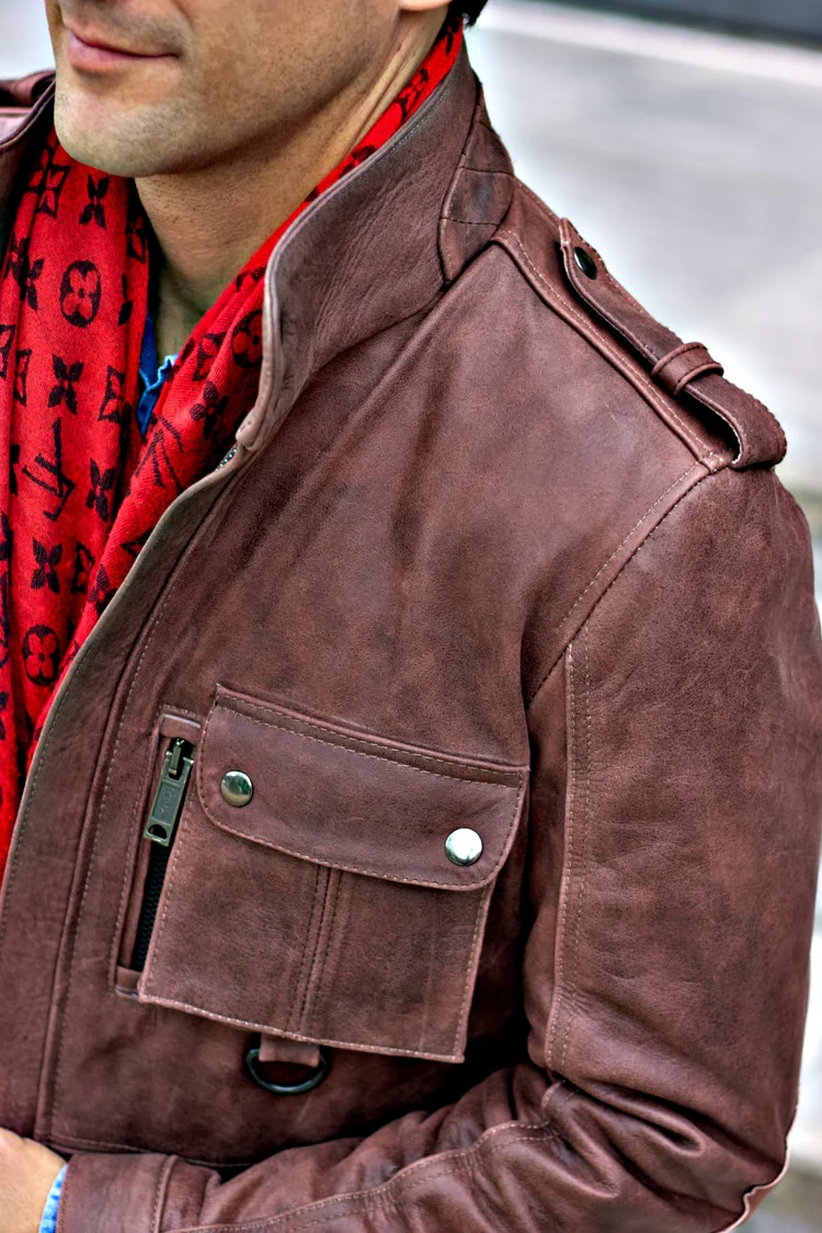 field fr leather jacket rugged napa washed brown / contrasted mid length field fr leather jacket rugged napa washed brown / contrasted mid length