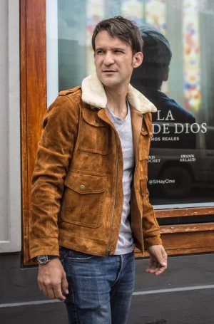 explorer trucker jacket shearling collar in nubuck suede mocha 
