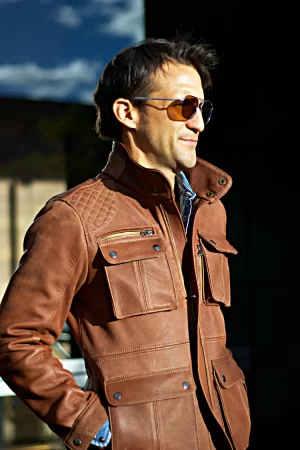 field leather jacket vintage brown mid length