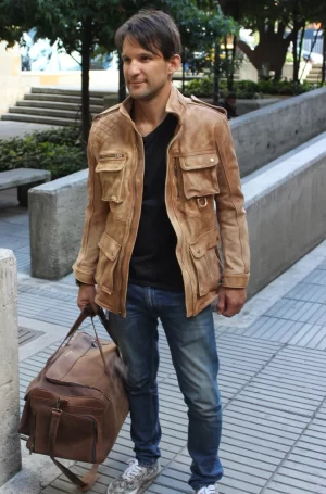 field fr leather jacket rugged napa stone washed / contrasted mid length