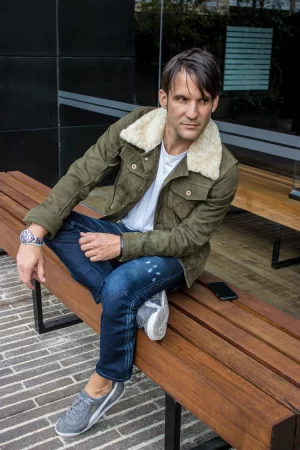 mc dave ax trucker jacket shearling collar in nubuck suede olive green 