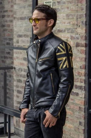 gold 19 leather jacket washed distressed black & gold stripes