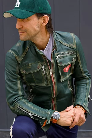 r80 leather jacket vintage heuer edition metallic zippers mens distressed black with green