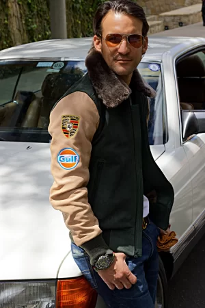 le mans porche ed. leather jacket shearling collar black green & beige