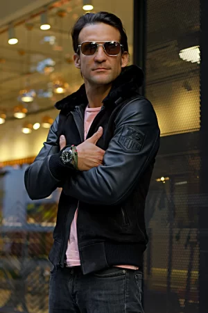 le mans leather jacket shearling collar triple black