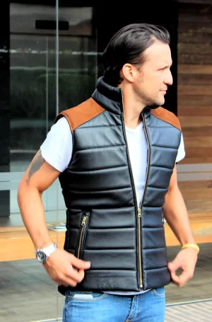 nordik leather quilted vest in black / suede shoulders