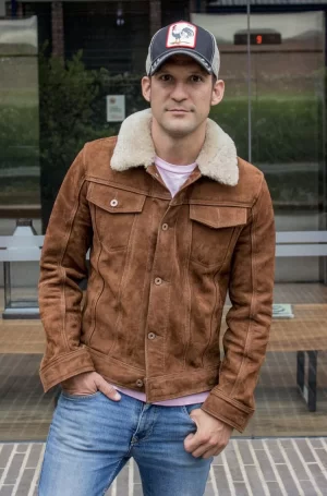 mcdave ax trucker jacket shearling collar in nubuck suede mocha 