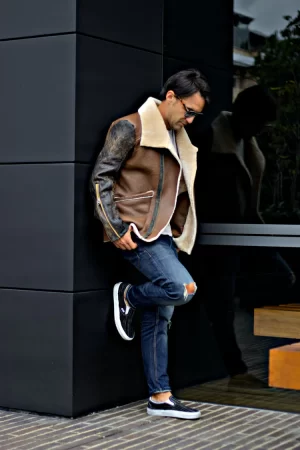 aspen natural shearling winter jacket in brown sheepskin & antique brown leather