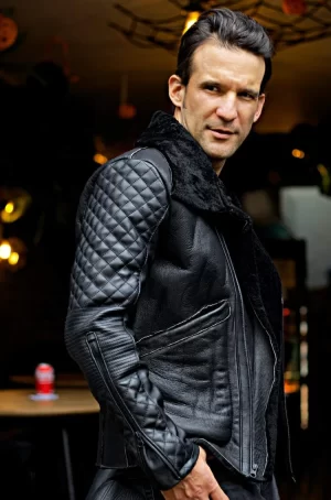 aspen natural shearling winter jacket in black sheepskin & black leather