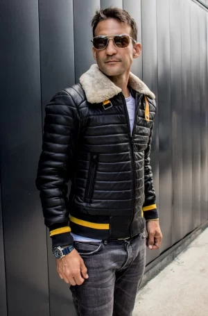 mar leather jacket shearling quilted in black
