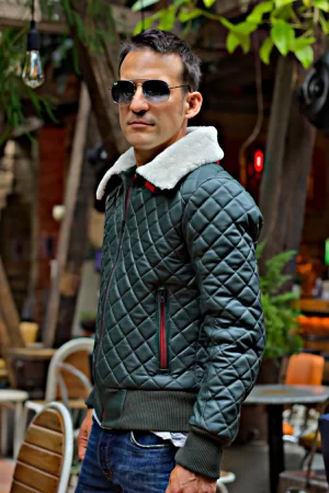 evereast gr green leather jacket shearling collar quilted ed.