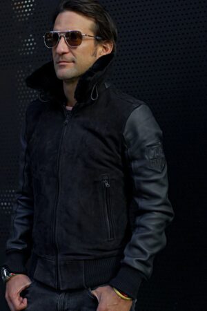 le mans porche ed. leather jacket shearling collar black triple black